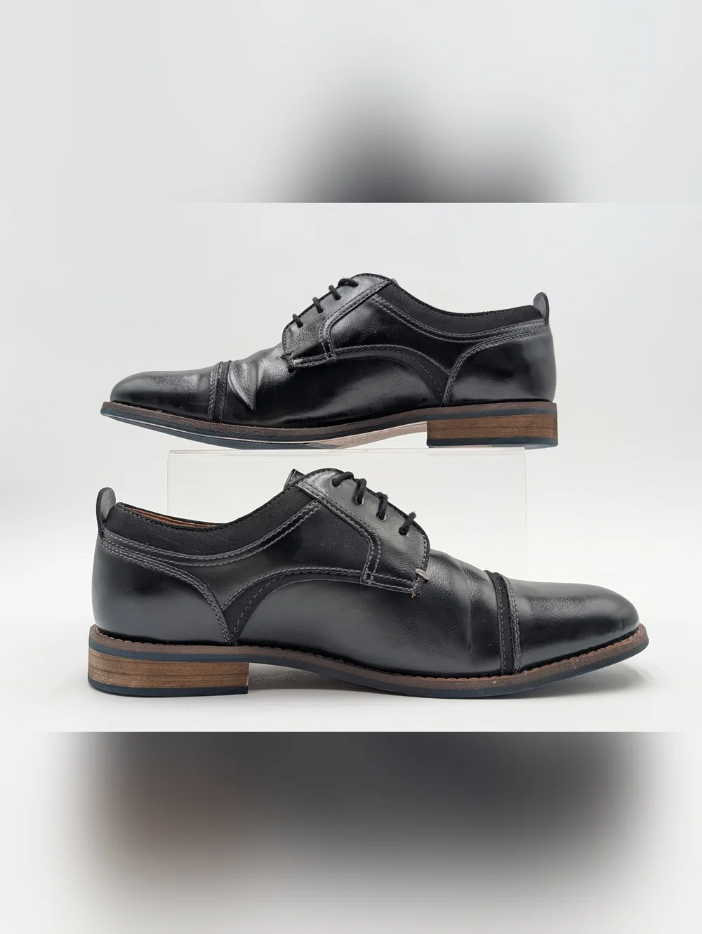 Dockers Men Sz 9.5 Black High-Quality Cap-Toe Oxfords Brown Trim Cushion Footbed